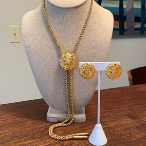 Lariat Gold Lion Head Adj Necklace & Earrings